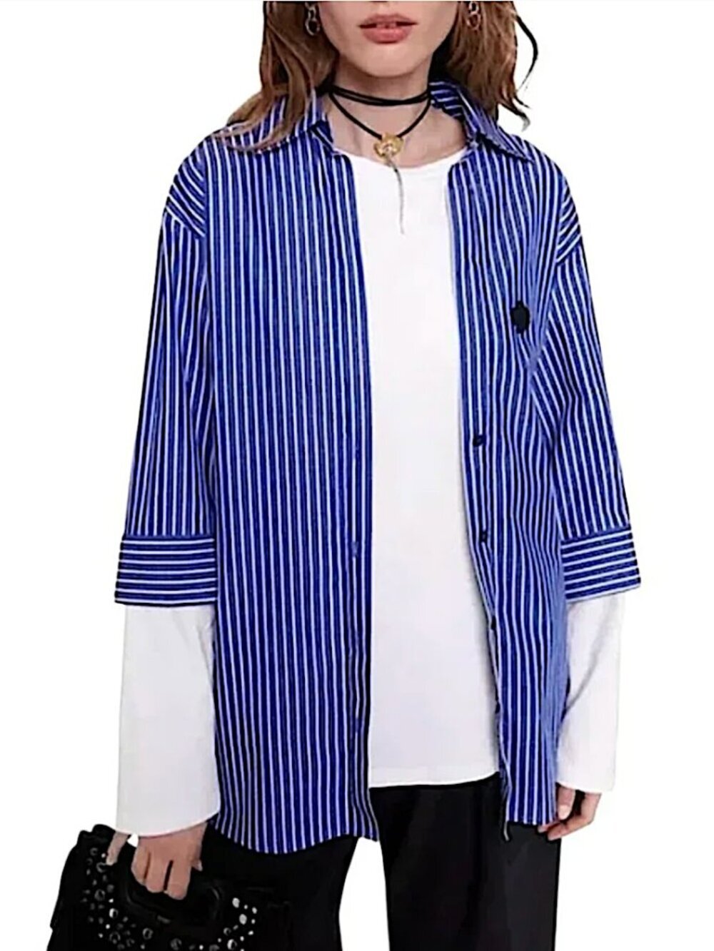 MAJE PARIS Liago Layered Look Striped Shirt Size L Pullover Tunic France Blue